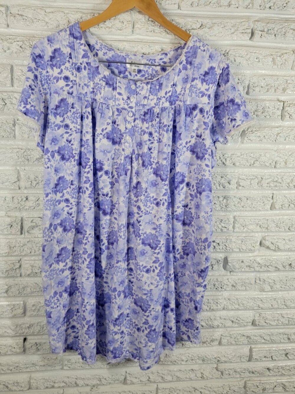 Aria Nightgown Womens 2X Blue White Floral 100% Cotton Lace Pintuck FLO48E